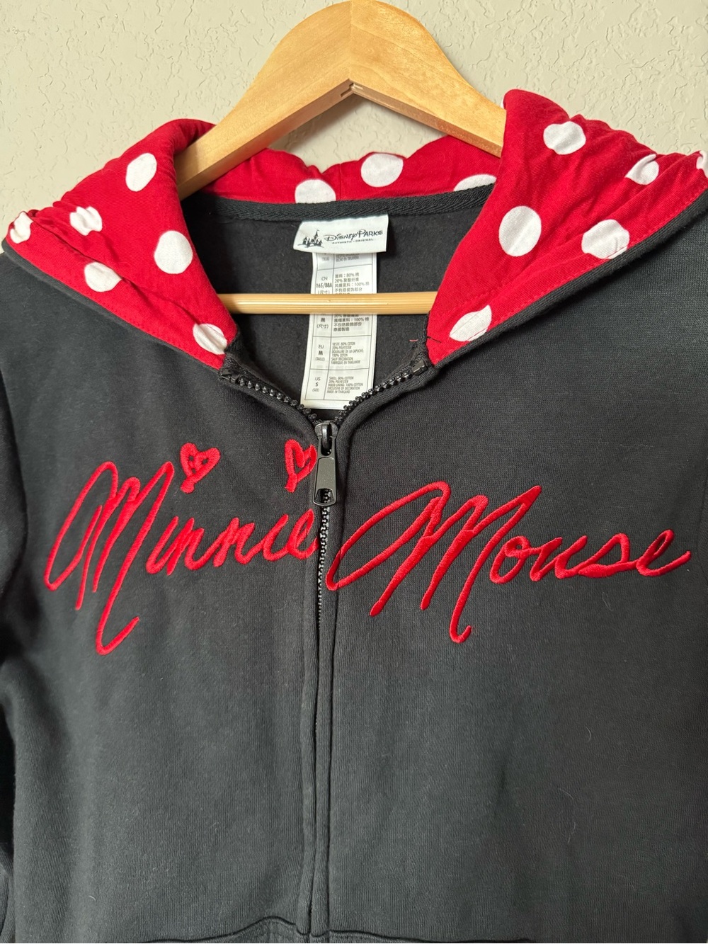 Disney Black Zip-Up Hoodie with Red Polka Dot Hood